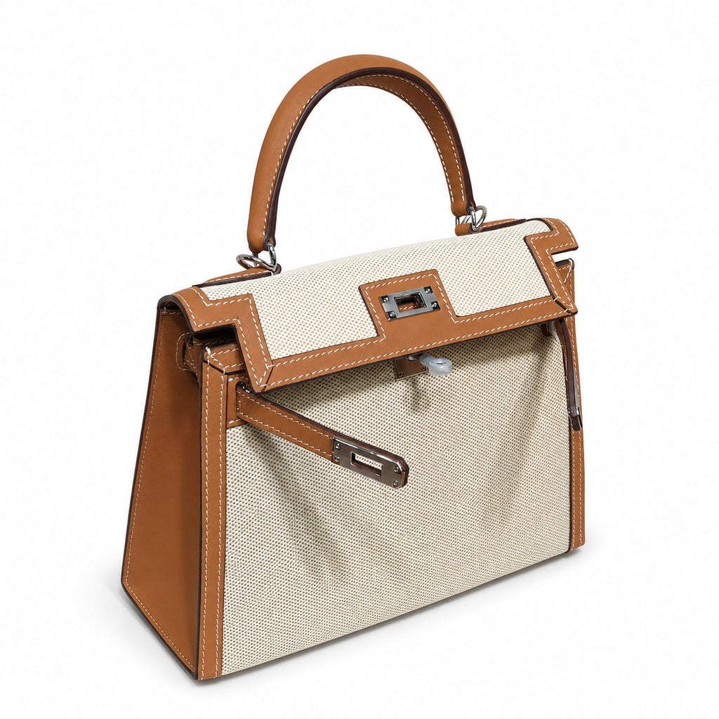 Kelly 25 Bag With Outside Stitching Constructed Of Patchwork Canvas & Premium Soft Swift Leather, Rich Warm Brown Tone Delivers Full-Bodied Vintage Luxury Texture Dimensions: Length 25 * Width 10 * Height 18cm