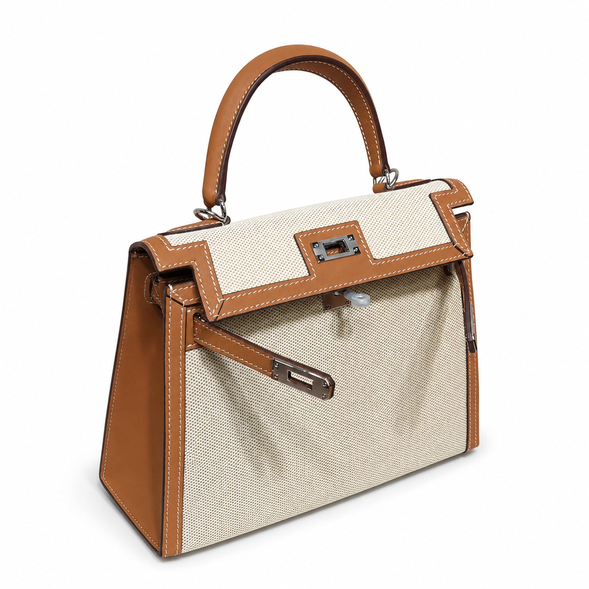 Kelly 25 Bag With Outside Stitching Constructed Of Patchwork Canvas & Premium Soft Swift Leather, Rich Warm Brown Tone Delivers Full-Bodied Vintage Luxury Texture Dimensions: Length 25 * Width 10 * Height 18cm