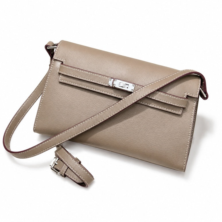 Kelly Elan 25 Underarm Baguette Bag, Genuine Top Layer Cowhide Goat Grain Leather, Silver Hardware Khaki Shoulder Handbag, Timeless Neutral Must-have Bag Elegant Versatile Daily Purse Size 25×6.5×15cm