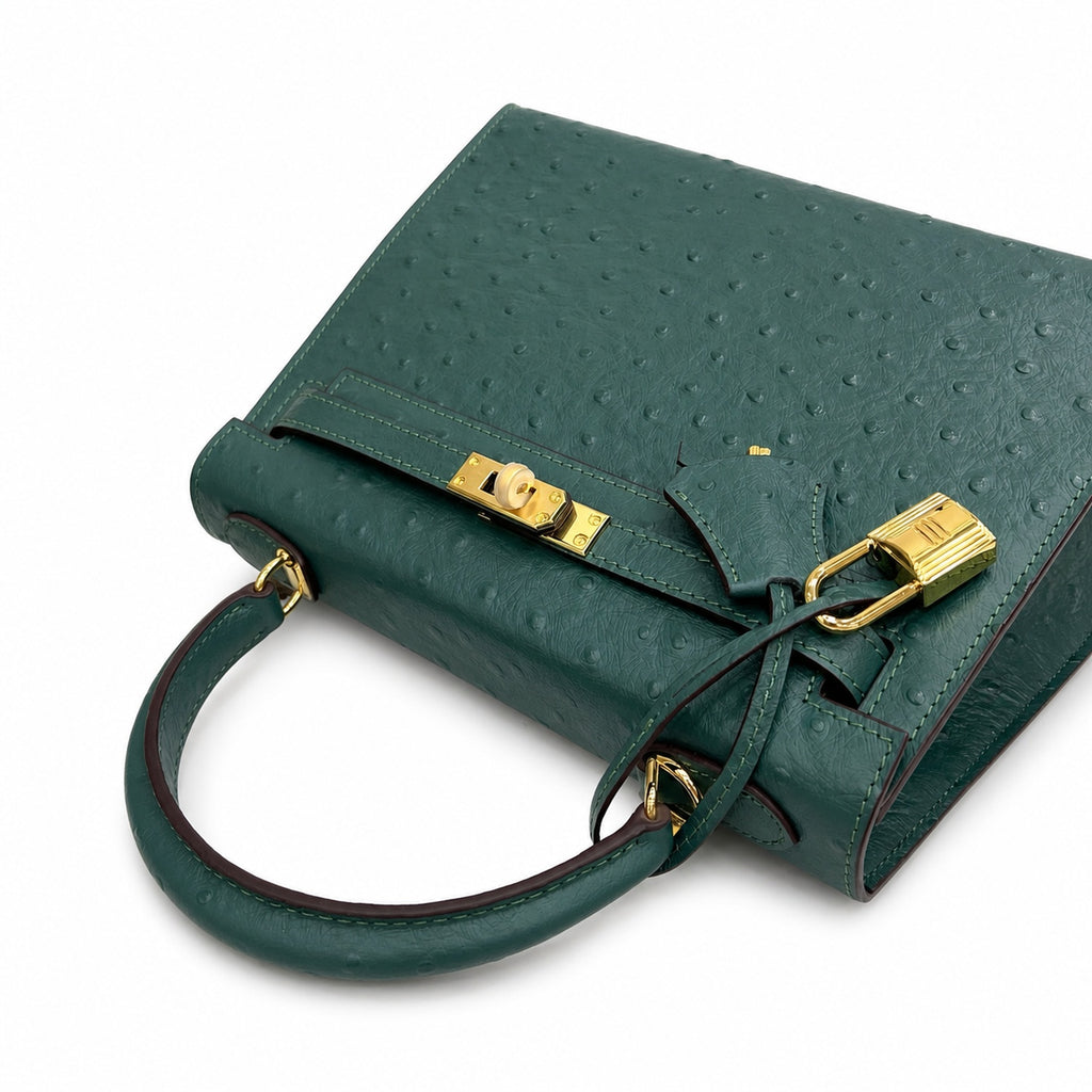 Kelly Sellier 25cm Vert Cypress Ostrich Gold Hardware Vintage Women Handbag