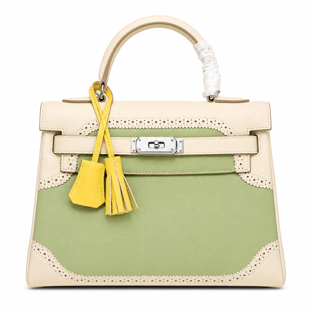 Kelly Sellier Ghillies 28cm Craie & Vert Pomme Barenia Leather Palladium Hardware Women Handbag