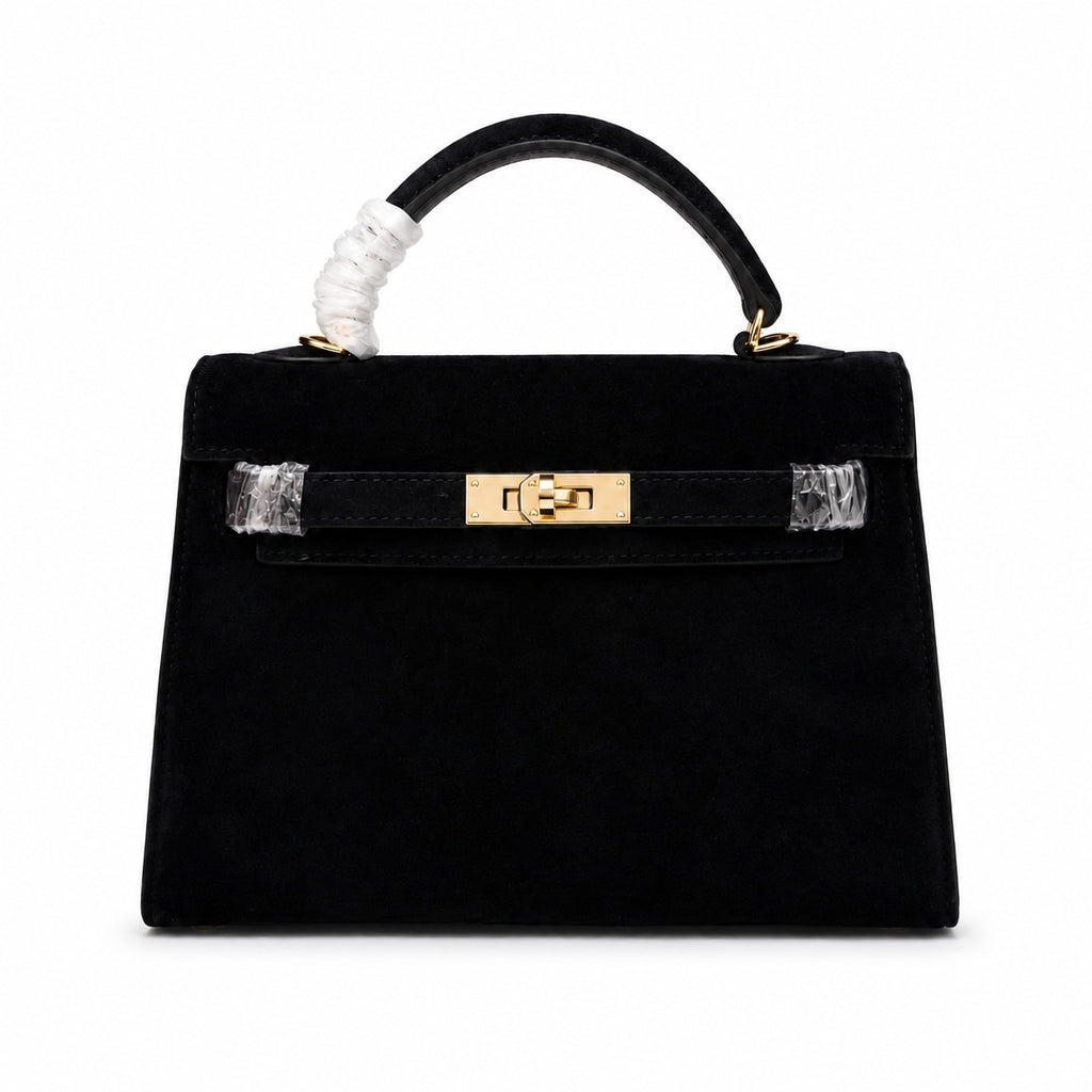 Kelly Sellier 22cm Noir Suede Leather Gold Hardware Women Mini Handbag