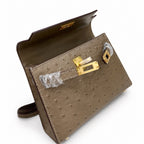 Mini Kelly II 19cm Sellier Etoupe Ostrich Gold Hardware Designer Mini Shoulder Purse