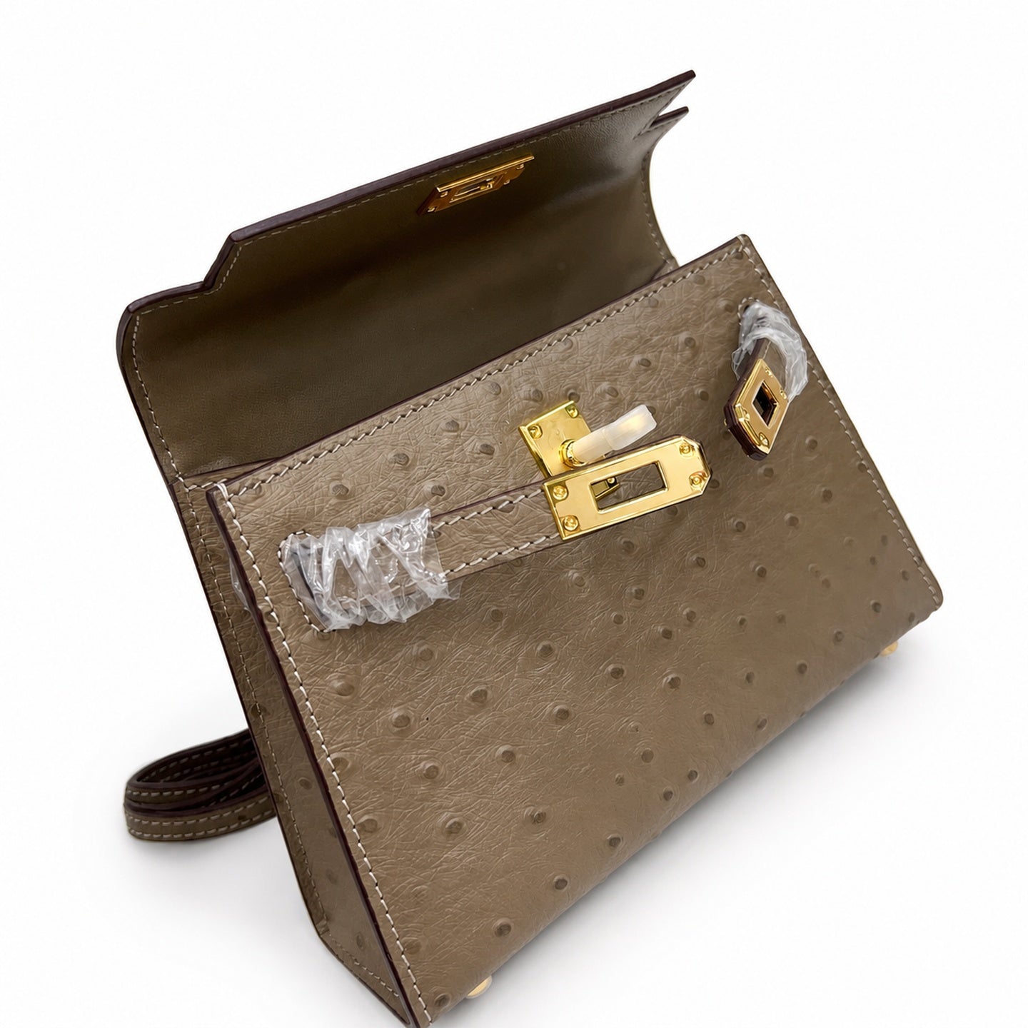 Mini Kelly II 19cm Sellier Etoupe Ostrich Gold Hardware Designer Mini Shoulder Purse