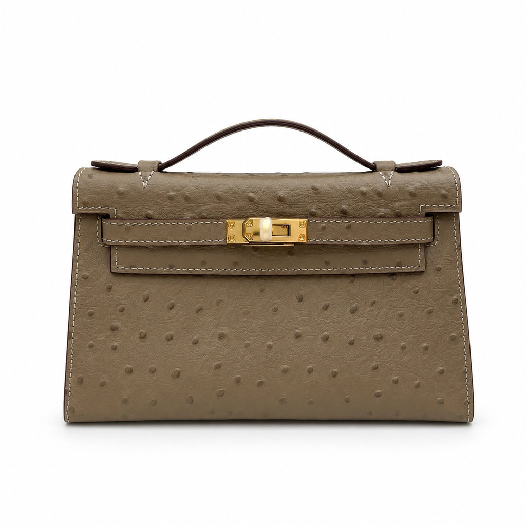 Mini Kelly II Sellier 19cm & 22cm Etoupe Ostrich Leather Gold Hardware Women Mini Handbag