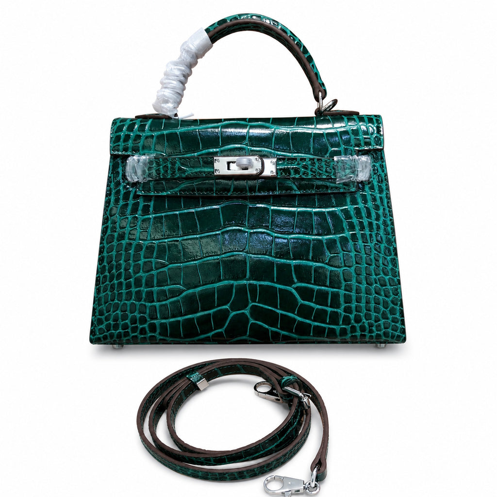 Kelly Sellier 22cm Vert Emeraude Shiny Crocodile Leather Gold Hardware & Palladium Hardware Women Handbag
