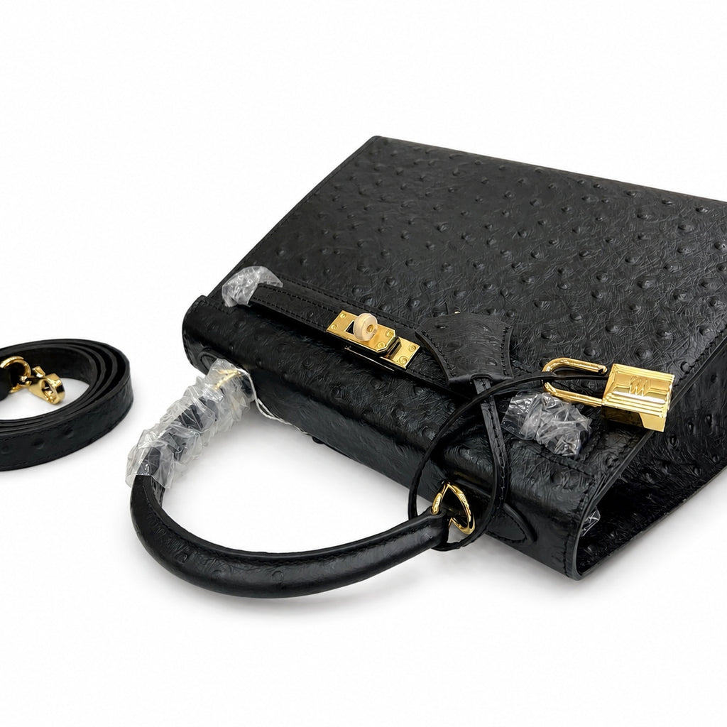 Kelly Sellier 25cm Noir Black Ostrich Gold Hardware Designer Shoulder Tote