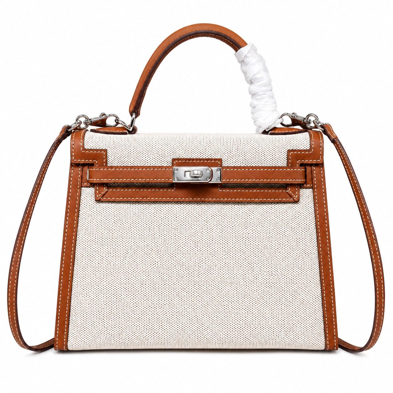 Kelly 25 Bag With Outside Stitching Constructed Of Patchwork Canvas & Premium Soft Swift Leather, Rich Warm Brown Tone Delivers Full-Bodied Vintage Luxury Texture Dimensions: Length 25 * Width 10 * Height 18cm