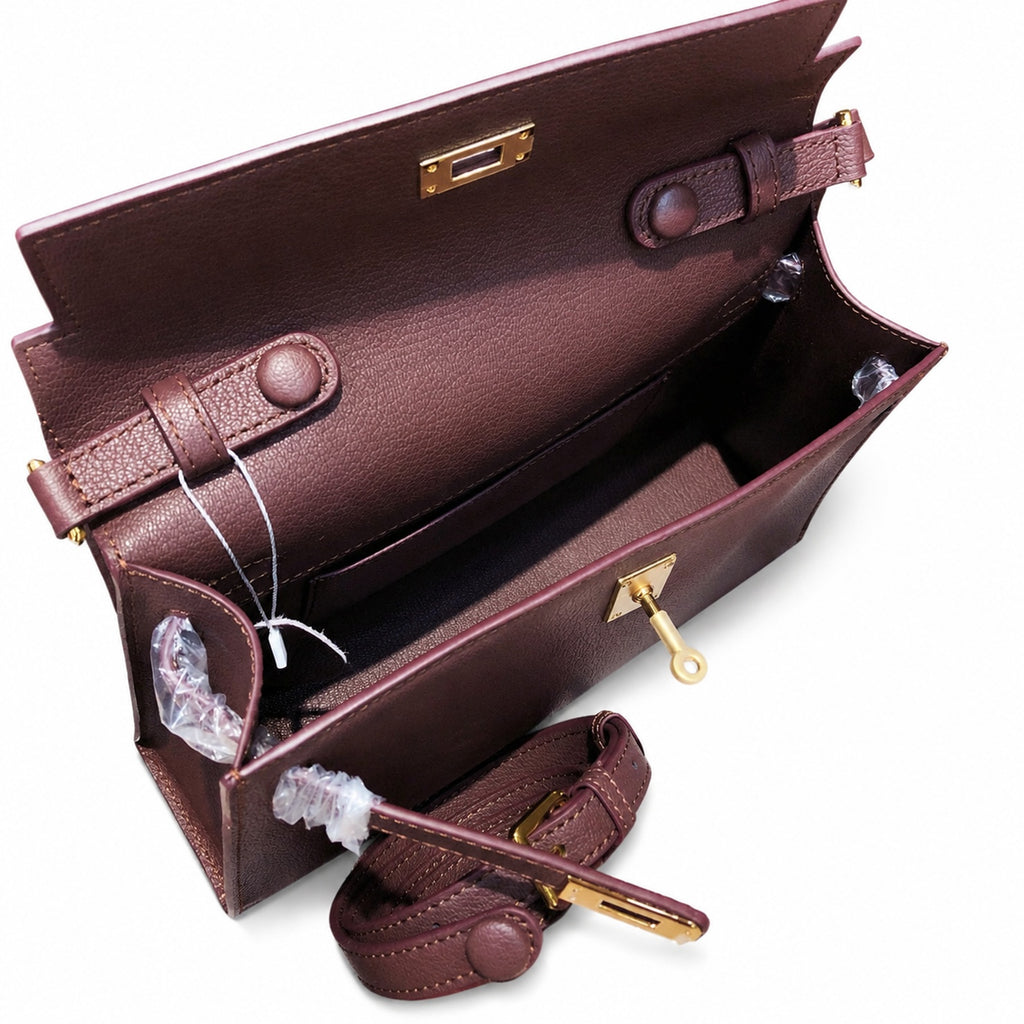 Kelly Elan 25 Underarm Baguette Bag, Genuine Top Layer Cowhide Goat Grain Leather, Gold Hardware Havane Brown Shoulder Purse, Low-key Old Money Vintage Style Daily Handbag Size 25×6.5×15cm