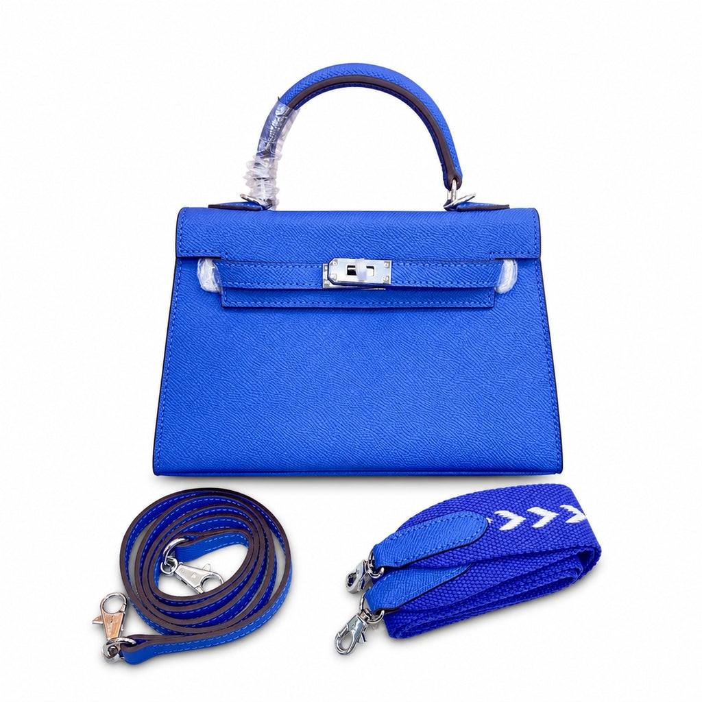 Mini Kelly II Sellier 19cm & 22cm Bleu Electrique Epsom Leather Palladium Hardware Women Mini Handbag With Extra Fabric Strap