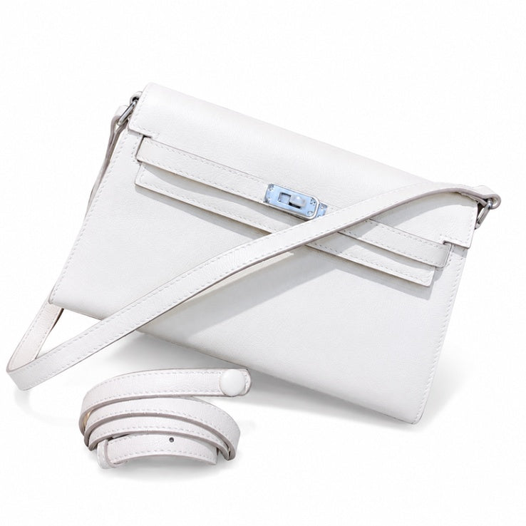 Kelly Elan 25 Underarm Baguette Bag, Genuine Top Layer Cowhide Goat Grain Leather, Silver Hardware Off White Shoulder Handbag, Youthful Elegant Goddess Daily Purse Size 25×6.5×15cm