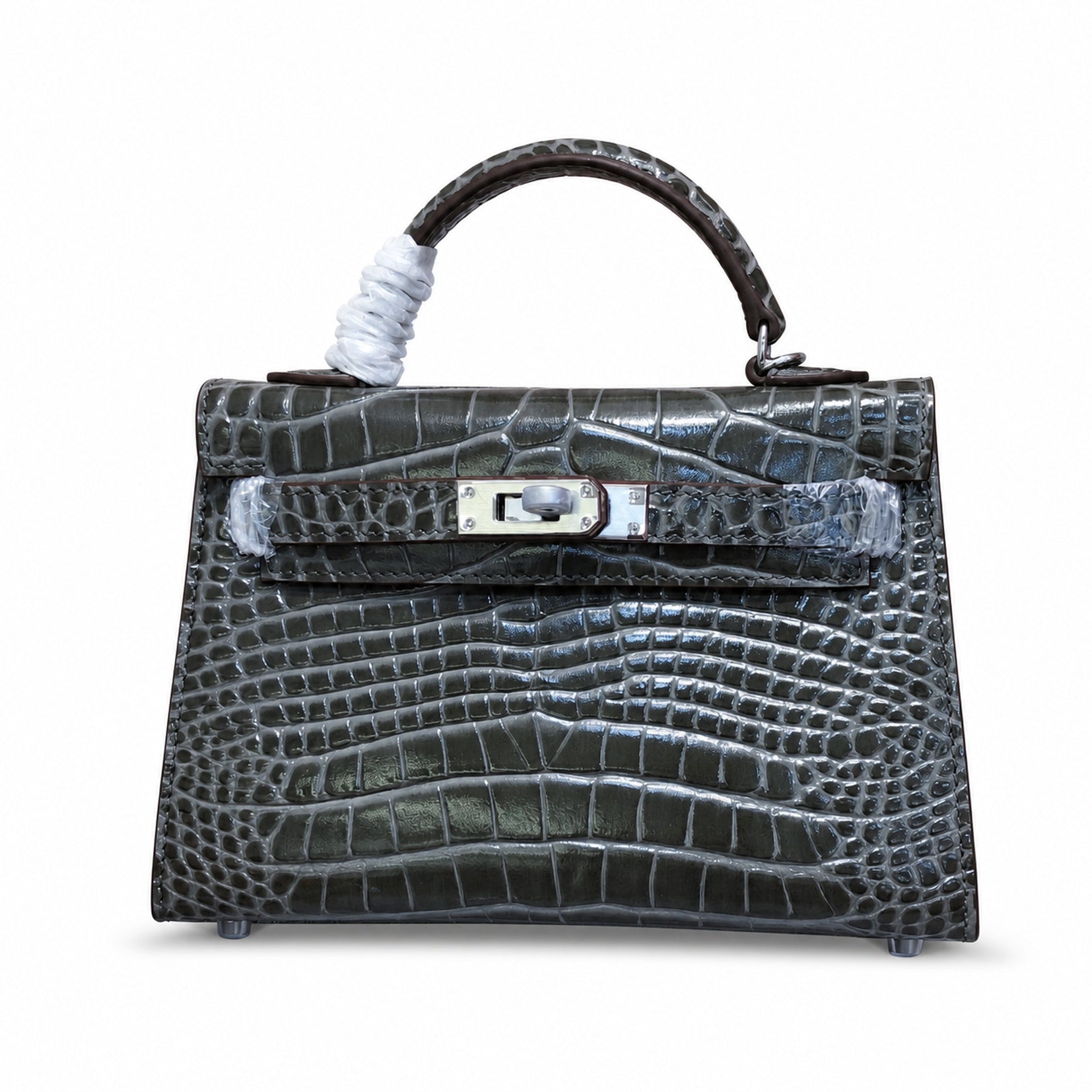 Kelly Sellier 19cm Gris Elephant Shiny Crocodile Leather Gold Hardware & Palladium Hardware Women Handbag