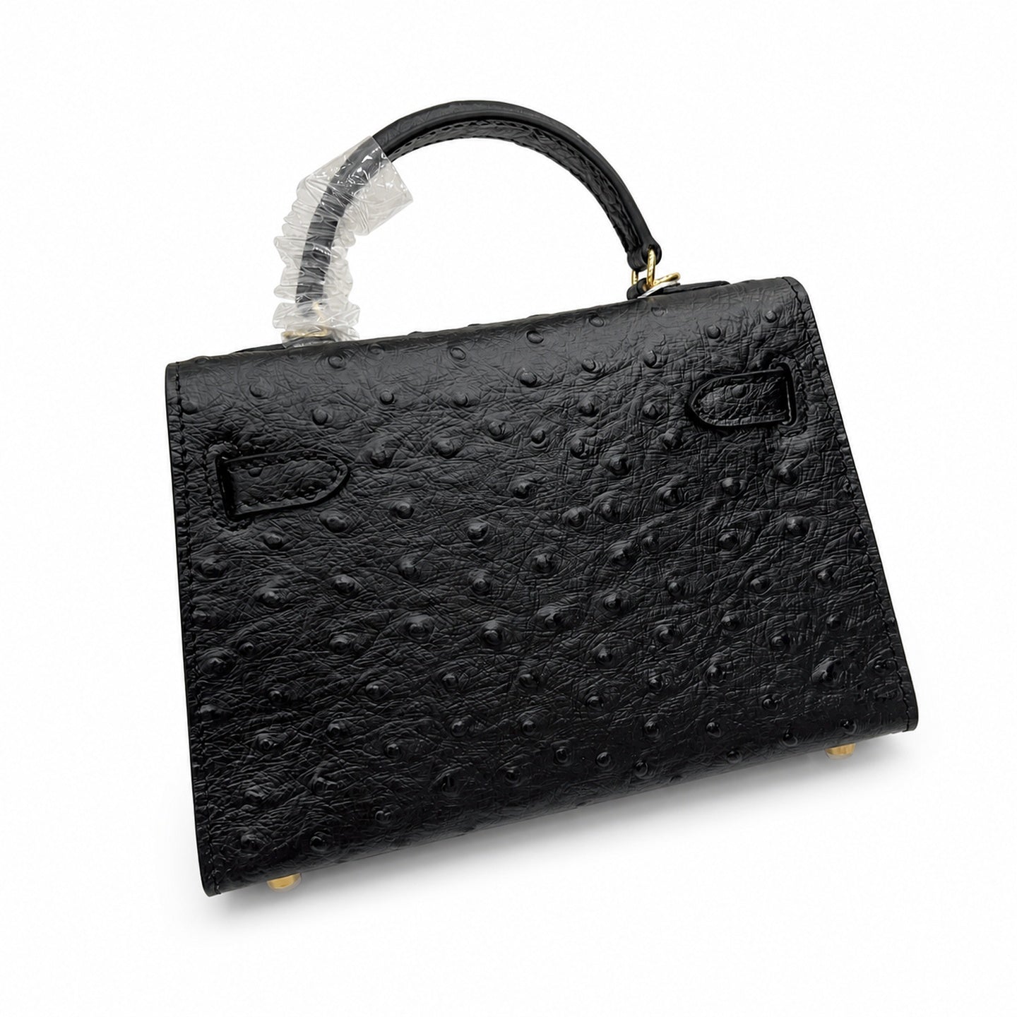 Mini Kelly Sellier 19cm Noir Ostrich Leather Gold Hardware Women Mini Handbag