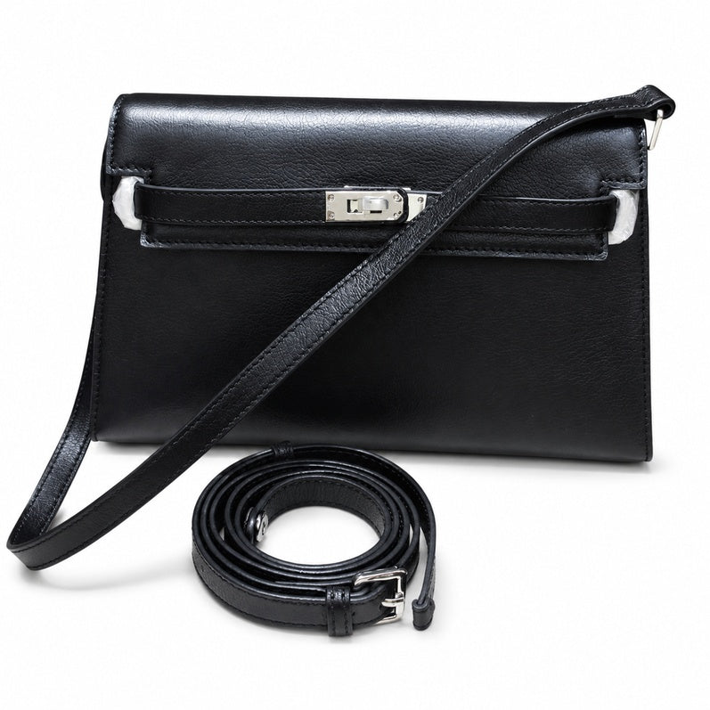 Kelly Elan 25 Underarm Baguette Bag, Genuine Top Layer Cowhide Goat Grain Leather, Silver Hardware Black Unisex Shoulder Purse, Multiway Crossbody Handheld Daily Bag, High Practical Daily Bag Size 25×6.5×15cm