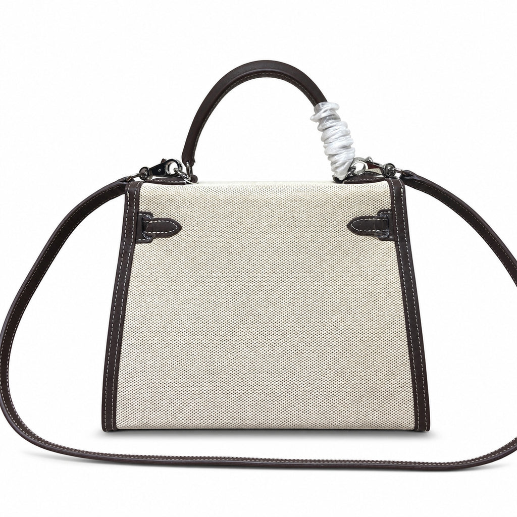 Kelly 25 Bag With Exterior Stitching Crafted Of Patchwork Canvas & Premium Swift Leather, Classic Deep Ebony Wood Shade, Unique Mixed Material Texture With Distinct Vintage Charm Dimensions: Length 25 * Width 10 * Height 18cm