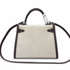 Kelly 25 Bag With Exterior Stitching Crafted Of Patchwork Canvas & Premium Swift Leather, Classic Deep Ebony Wood Shade, Unique Mixed Material Texture With Distinct Vintage Charm Dimensions: Length 25 * Width 10 * Height 18cm