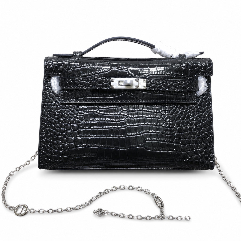 Kelly Pochette Noir Shiny Niloticus Crocodile Leather Palladium Hardware & Palladium Hardware Women Clutch Bag