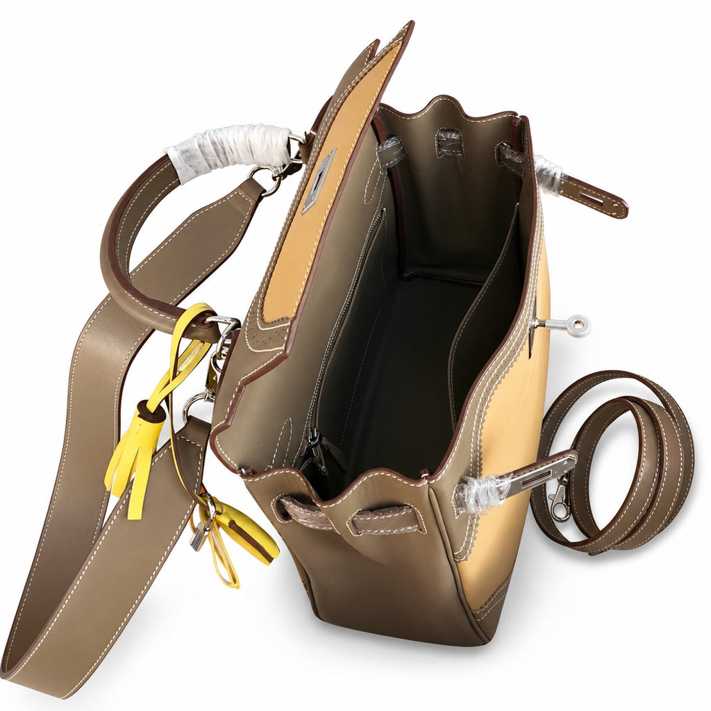 Kelly Sellier Ghillies 28cm Beige Poussière & Marron Foncé Barenia Leather Palladium Hardware Women Handbag
