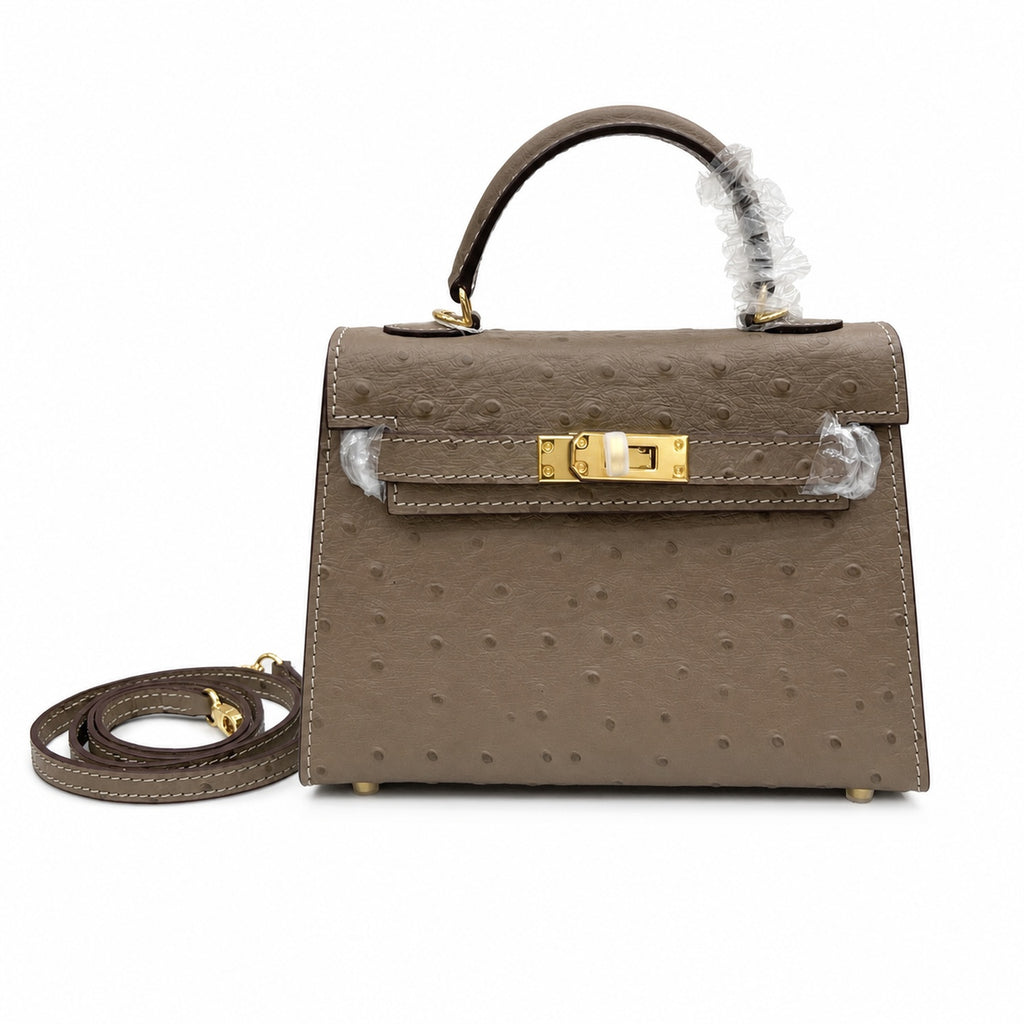Mini Kelly II 19cm Sellier Etoupe Ostrich Gold Hardware Designer Mini Shoulder Purse