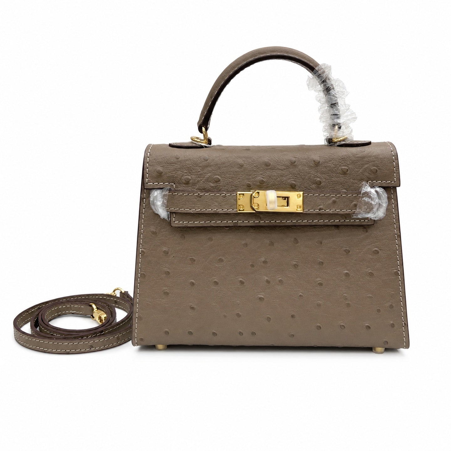 Mini Kelly II 19cm Sellier Etoupe Ostrich Gold Hardware Designer Mini Shoulder Purse