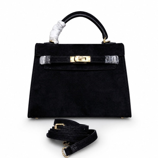 Kelly Sellier 22cm Noir Suede Leather Gold Hardware Women Mini Handbag