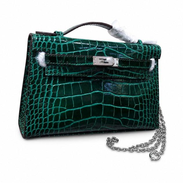 Kelly Pochette Vert Emeraude Shiny Niloticus Crocodile Leather Palladium Hardware Women Clutch Bag