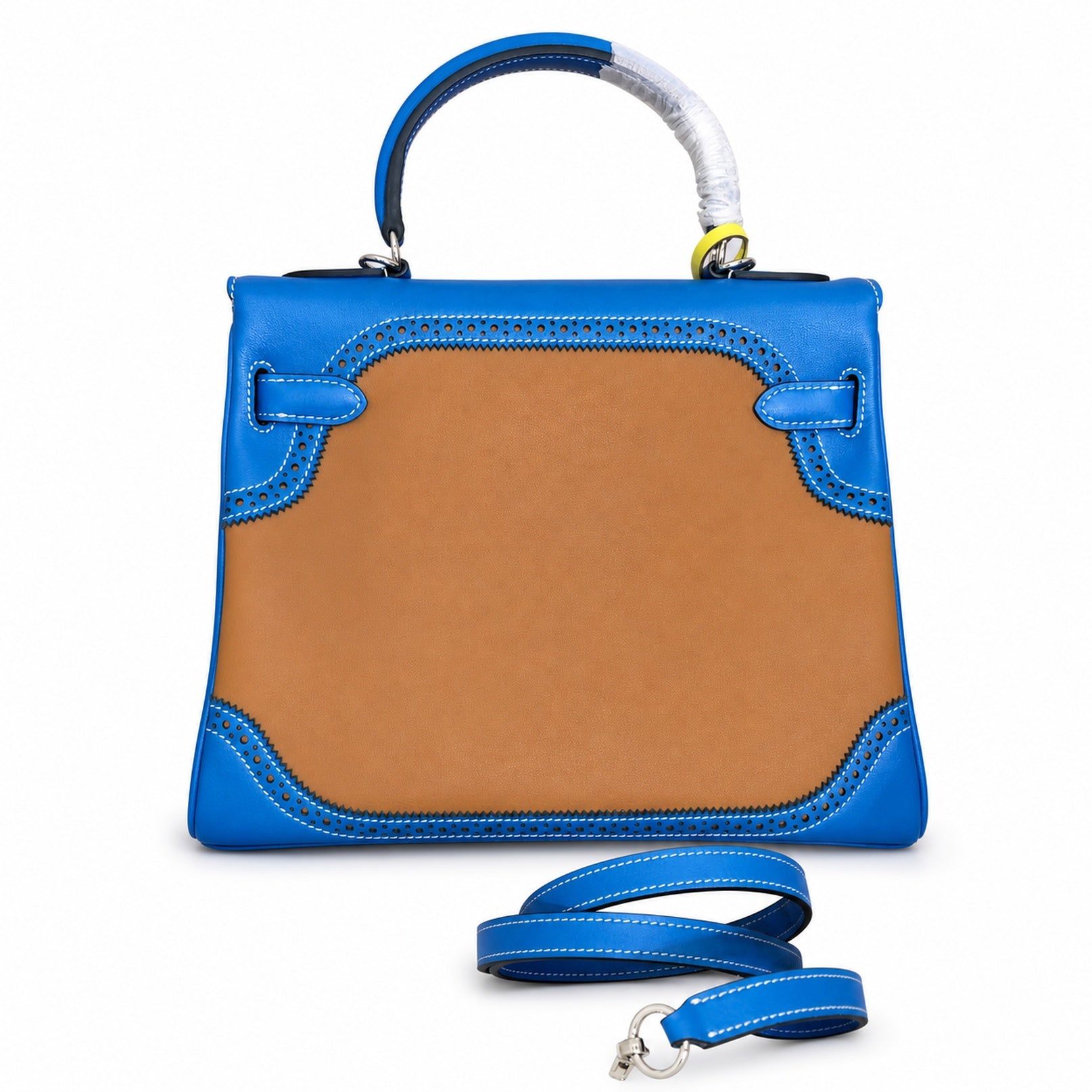 Kelly Sellier Ghillies 28cm Bleu Izmir & Natural Sable Barenia Leather Palladium Hardware Women Handbag