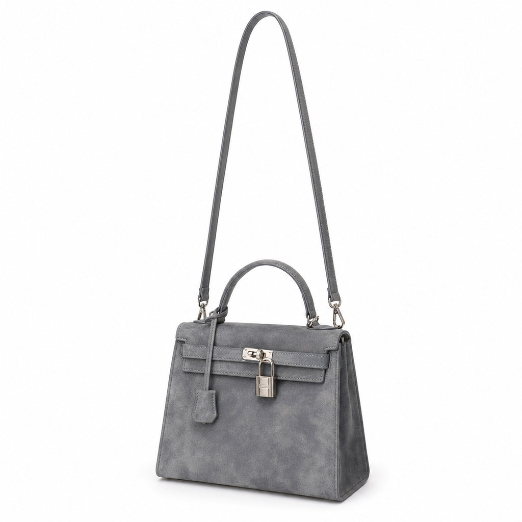 Kelly Sellier 22cm Gris Asphalte Suede Leather Palladium Hardware Women Handbag