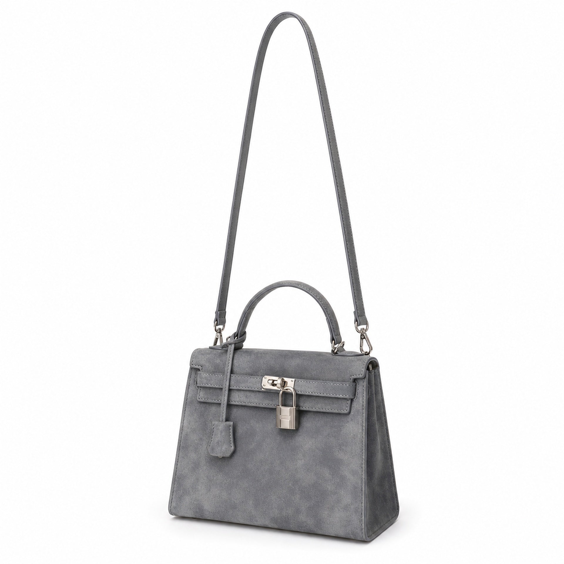 Kelly Sellier 22cm Gris Asphalte Suede Leather Palladium Hardware Women Handbag