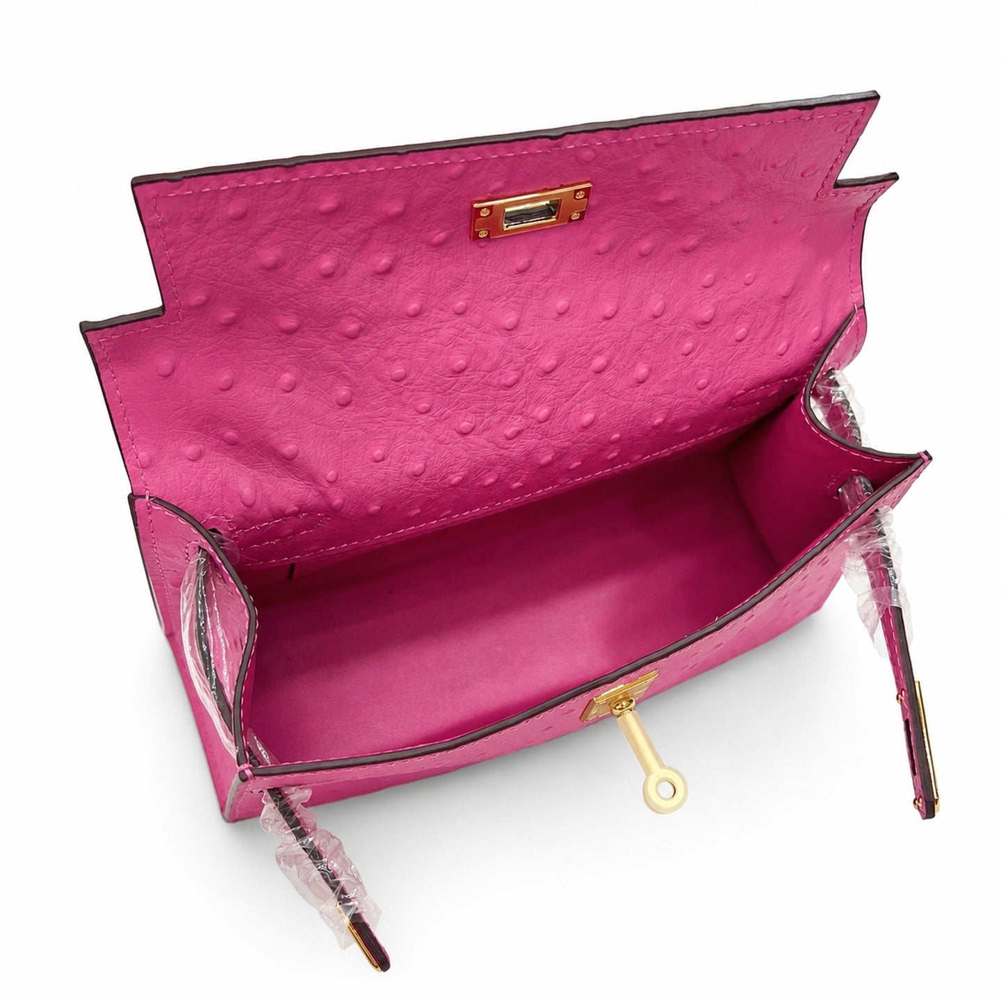 Mini Kelly Sellier 22cm Rose Tyrien Ostrich Leather Gold Hardware Women Mini Handbag
