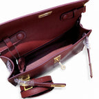 Kelly Elan 25 Underarm Baguette Bag, Genuine Top Layer Cowhide Goat Grain Leather, Gold Hardware Vintage Wine Red Shoulder Handbag, Elegant Luxury Quiet Glam Daily Purse Size 25×6.5×15cm