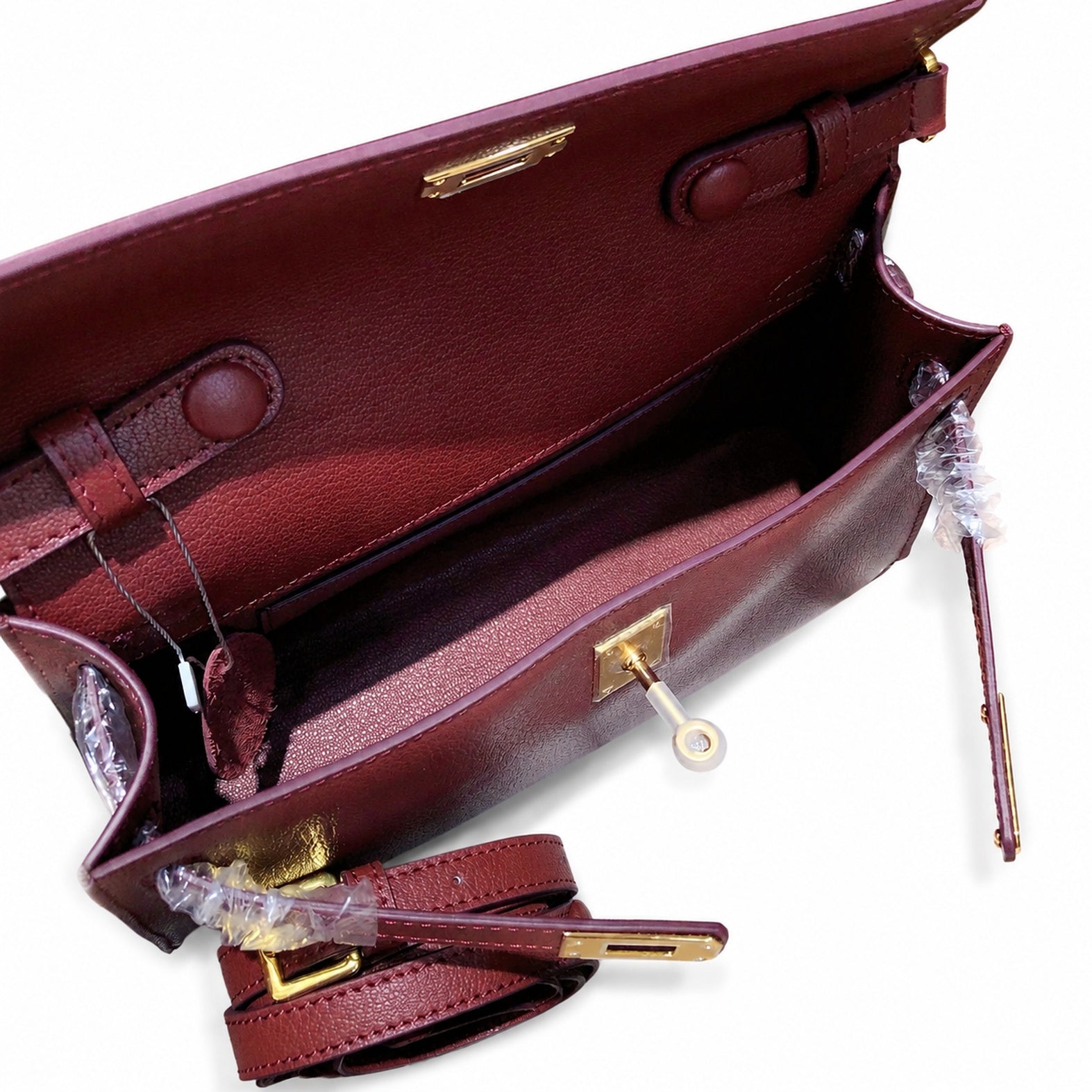 Kelly Elan 25 Underarm Baguette Bag, Genuine Top Layer Cowhide Goat Grain Leather, Gold Hardware Vintage Wine Red Shoulder Handbag, Elegant Luxury Quiet Glam Daily Purse Size 25×6.5×15cm