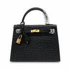 Kelly Sellier 25cm Noir Black Ostrich Gold Hardware Designer Shoulder Tote