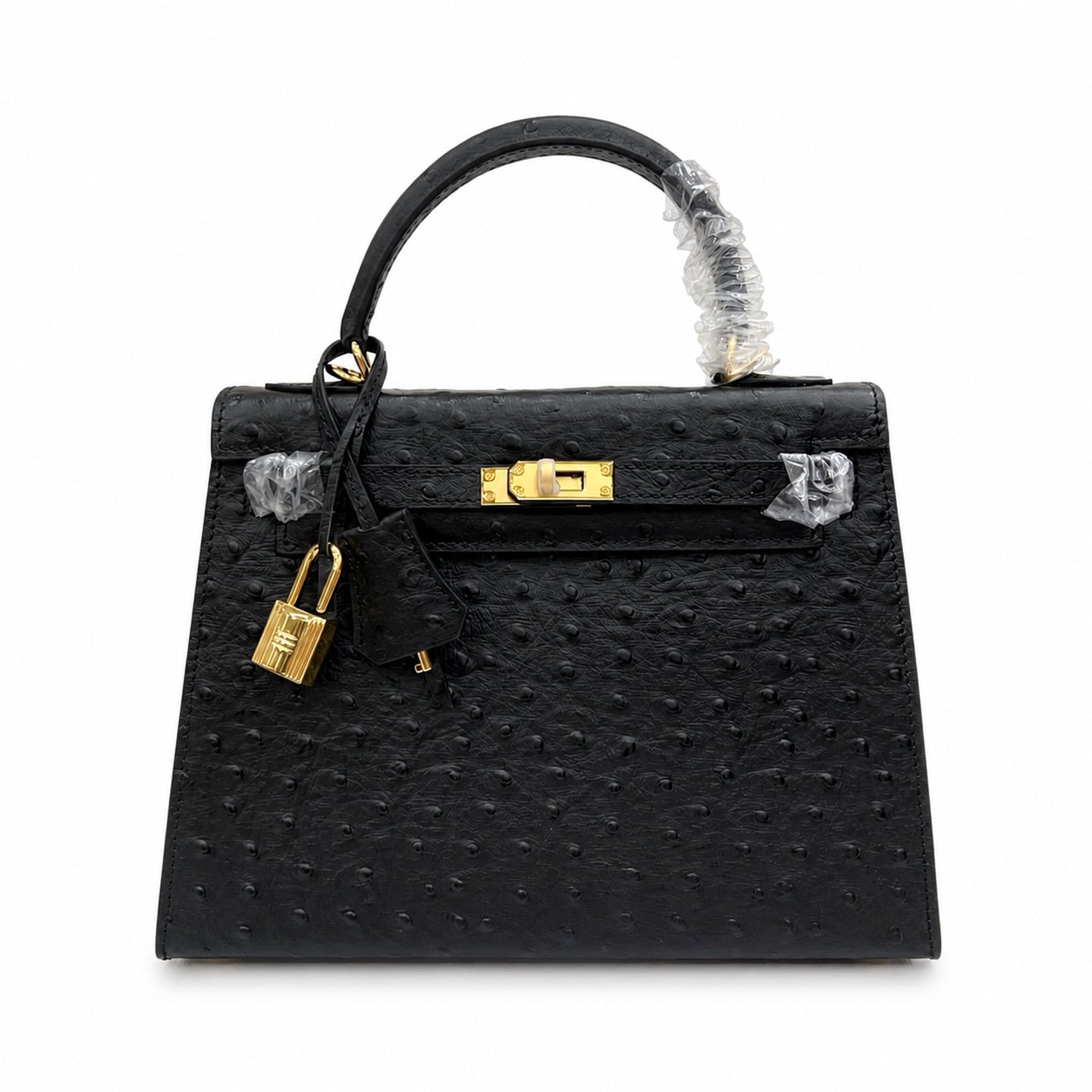 Kelly Sellier 25cm Noir Black Ostrich Gold Hardware Designer Shoulder Tote