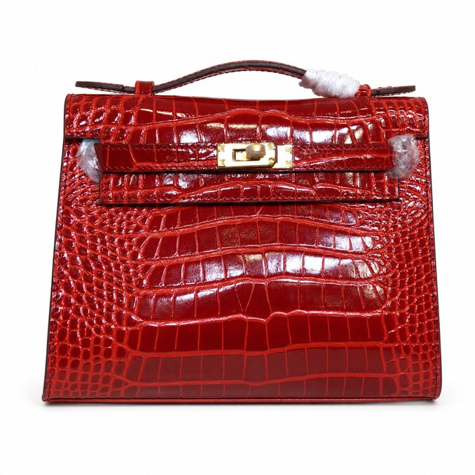 Kelly Pochette Rouge Casa Shiny Niloticus Crocodile Leather Gold Hardware Women Clutch Bag