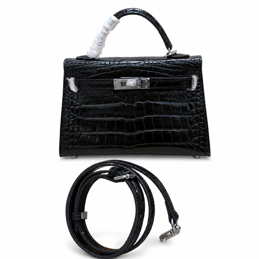 Kelly Sellier 19cm Noir Shiny Crocodile Leather Gold Hardware & Palladium Hardware Women Handbag
