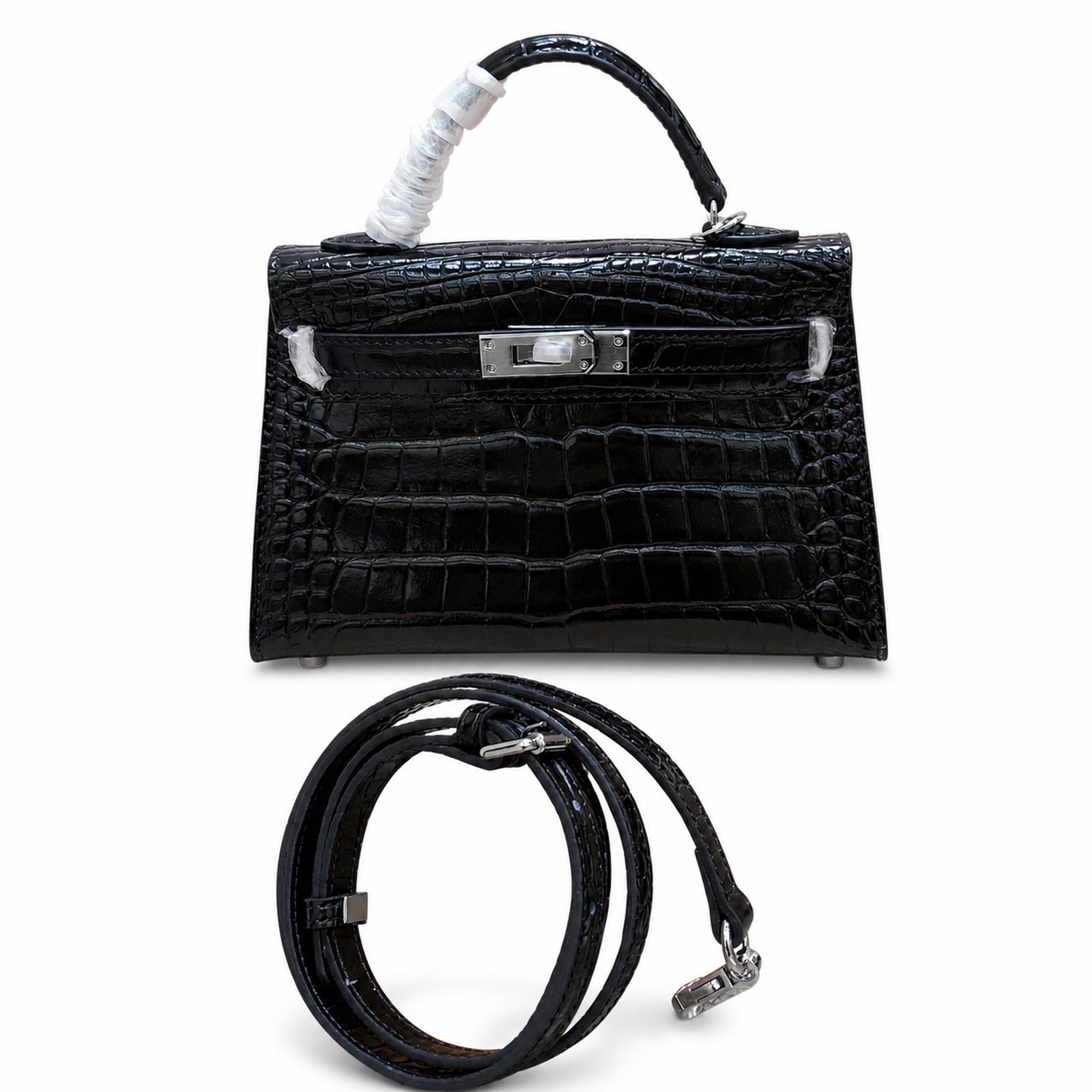 Kelly Sellier 19cm Noir Shiny Crocodile Leather Gold Hardware & Palladium Hardware Women Handbag