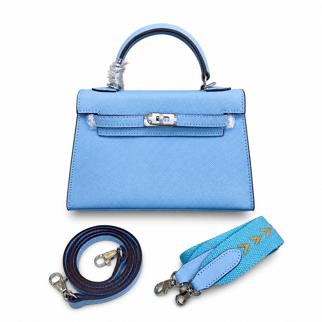 Mini Kelly II Sellier 19cm & 22cm Bleu Brume Epsom Leather Palladium Hardware Women Mini Handbag