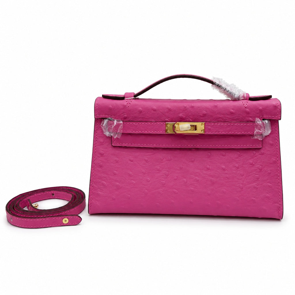 Mini Kelly Sellier 22cm Rose Tyrien Ostrich Leather Gold Hardware Women Mini Handbag
