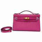 Mini Kelly Sellier 22cm Rose Tyrien Ostrich Leather Gold Hardware Women Mini Handbag