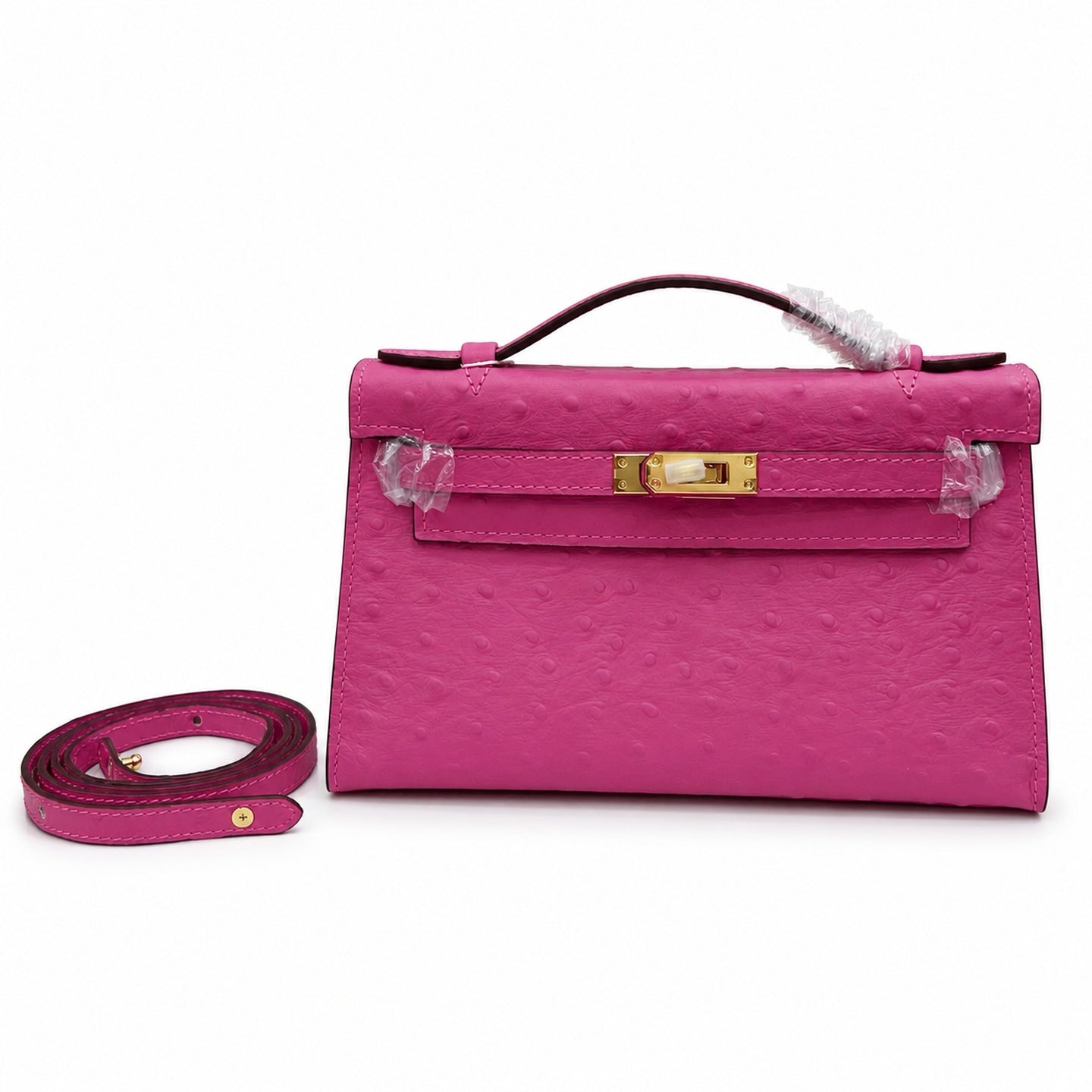 Mini Kelly Sellier 22cm Rose Tyrien Ostrich Leather Gold Hardware Women Mini Handbag