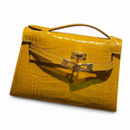 Kelly Pochette Jaune Ambre Shiny Niloticus Crocodile Leather Palladium Hardware Women Clutch Bag