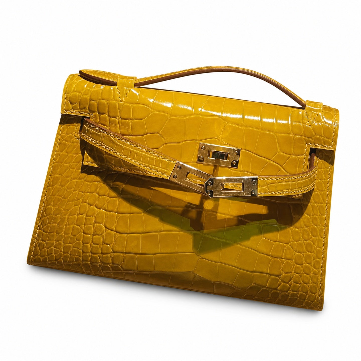 Kelly Pochette Jaune Ambre Shiny Niloticus Crocodile Leather Palladium Hardware Women Clutch Bag