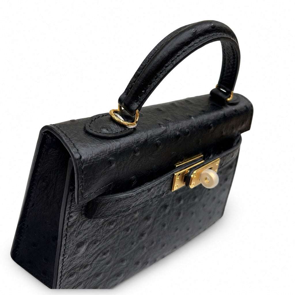 Mini Kelly Sellier 19cm Noir Ostrich Leather Gold Hardware Women Mini Handbag