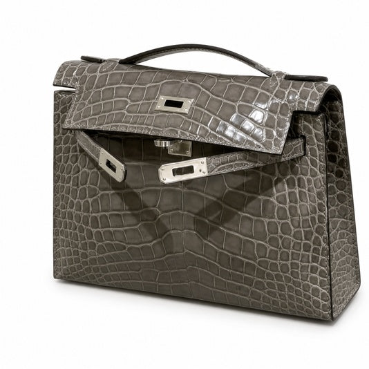 Kelly Pochette Gris Elephant Shiny Niloticus Crocodile Leather Palladium Hardware & Palladium Hardware Women Clutch Bag