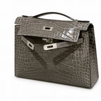 Kelly Pochette Gris Elephant Shiny Niloticus Crocodile Leather Palladium Hardware & Palladium Hardware Women Clutch Bag