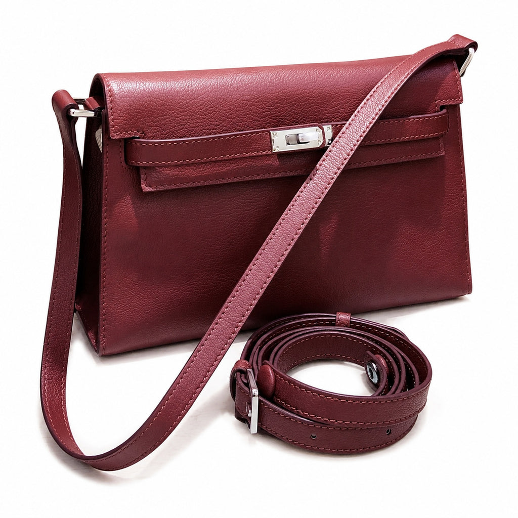 Kelly Elan 25 Underarm Baguette Bag, Genuine Top Layer Cowhide Goat Grain Leather, SilverHardware Vintage Wine Red Shoulder Handbag, Elegant Luxury Quiet Glam Daily Purse Size 25×6.5×15cm