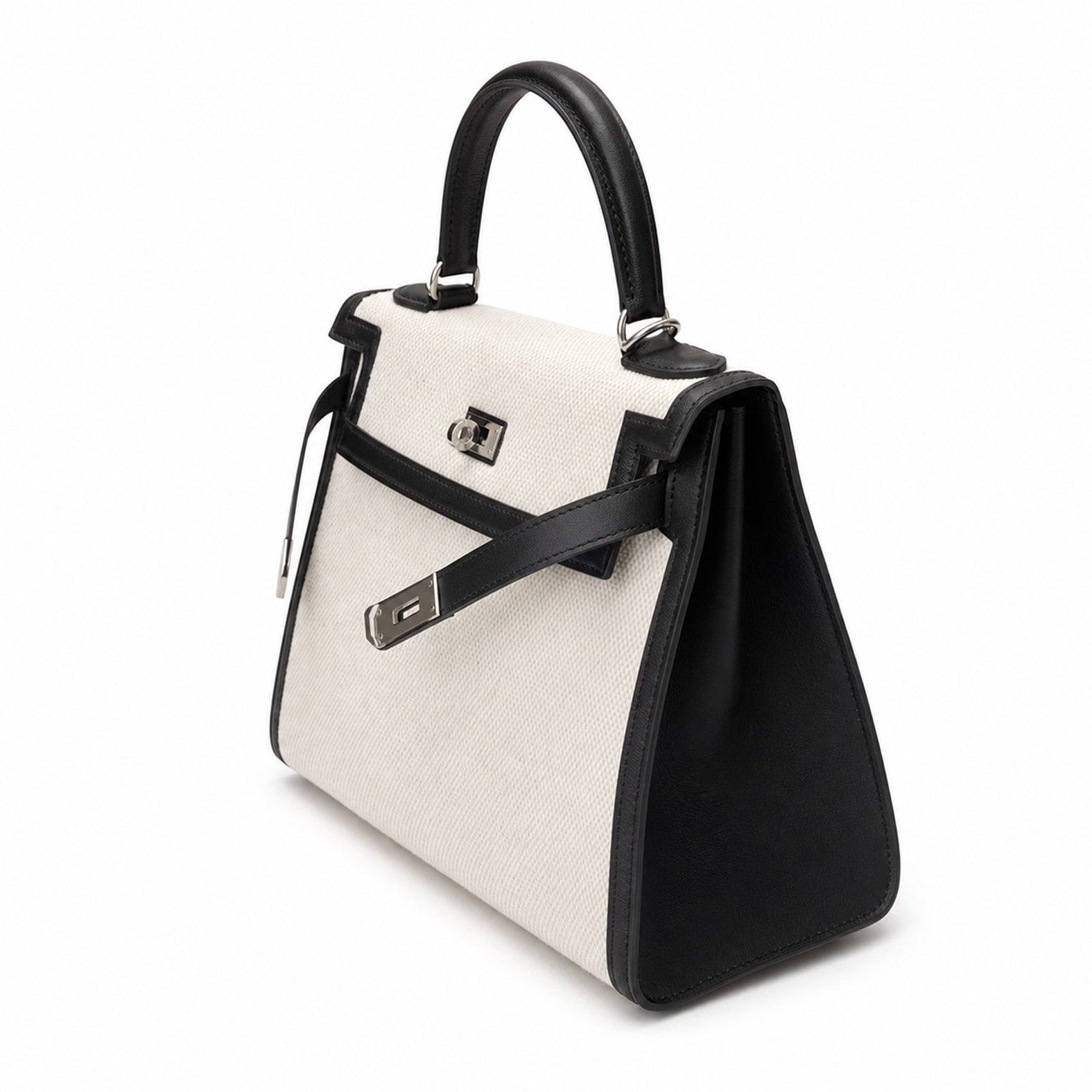 Top Selling Kelly 25 Bag With Outside Stitching, Made Of Textured Canvas & Soft Swift Leather Patchwork, Classic Black Silver Hardware Combination, Stunning Mixed Material Texture Dimensions: Length 25 * Width 10 * Height 18cm