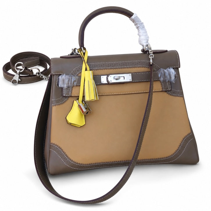 Kelly Sellier Ghillies 28cm Beige Poussière & Marron Foncé Barenia Leather Palladium Hardware Women Handbag