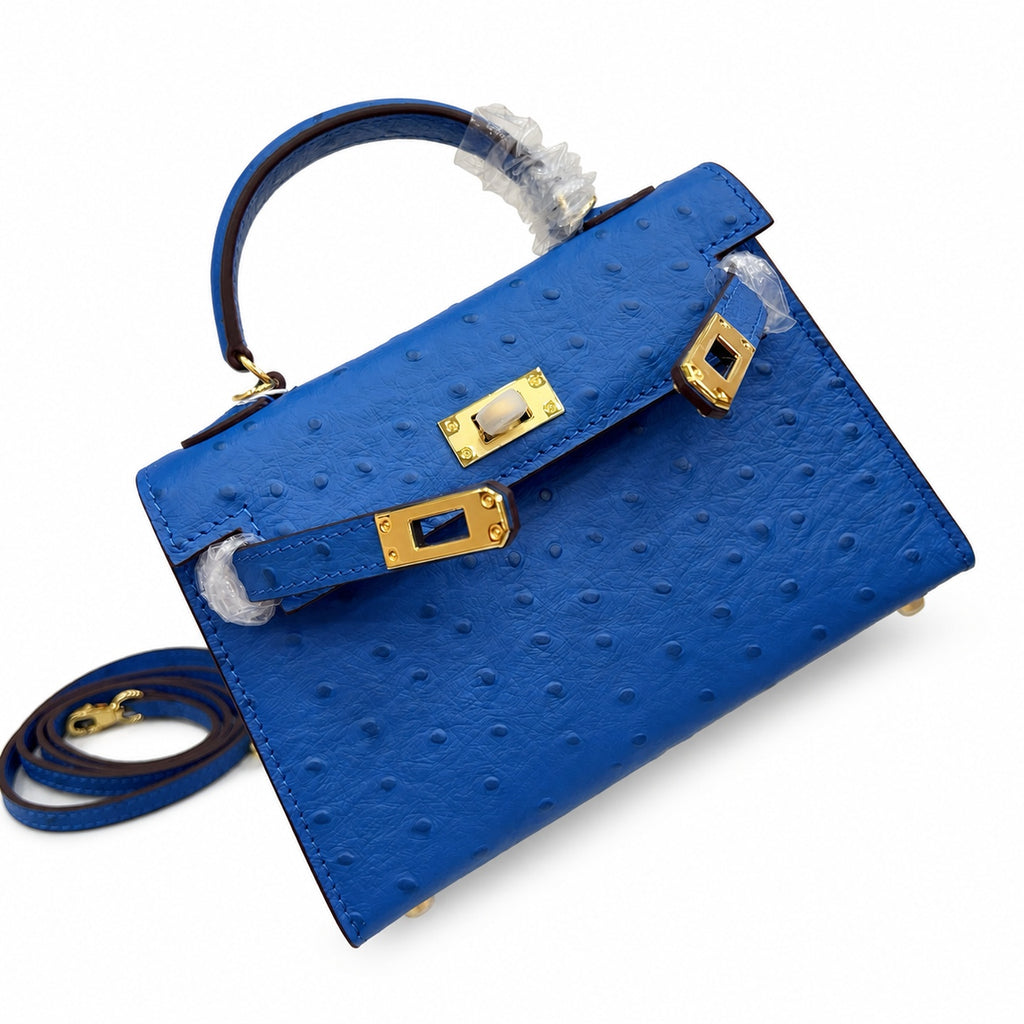 Mini Kelly II 19cm Sellier Bleu Electrique Ostrich Gold Hardware Luxury Crossbody Handbag